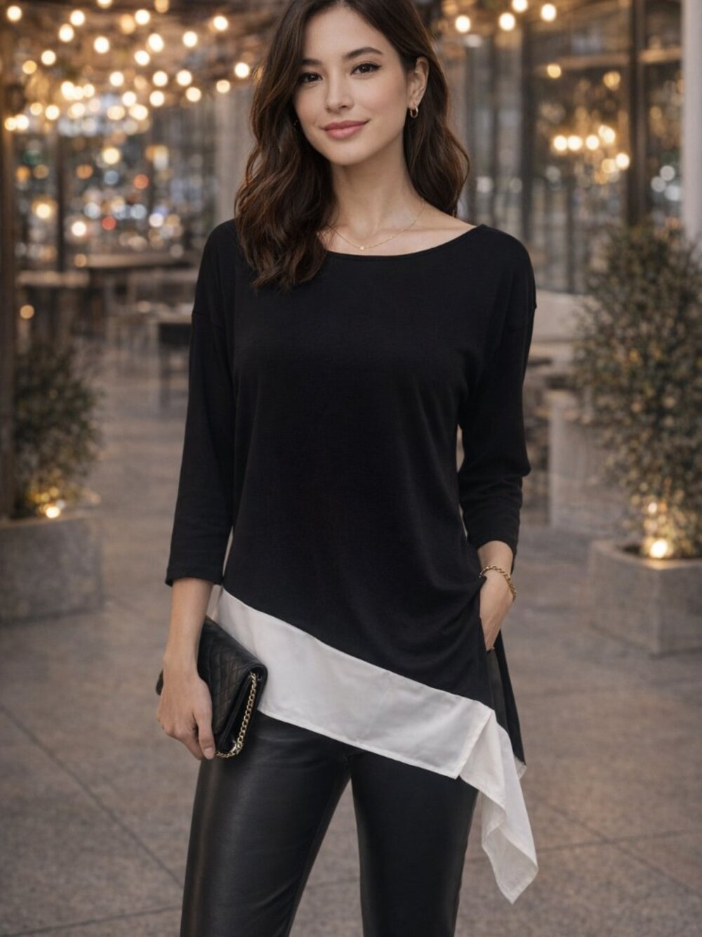 Misslook Black & White Boatneck Asymmetrical 3/4 Sleeve Tunic Top Size L